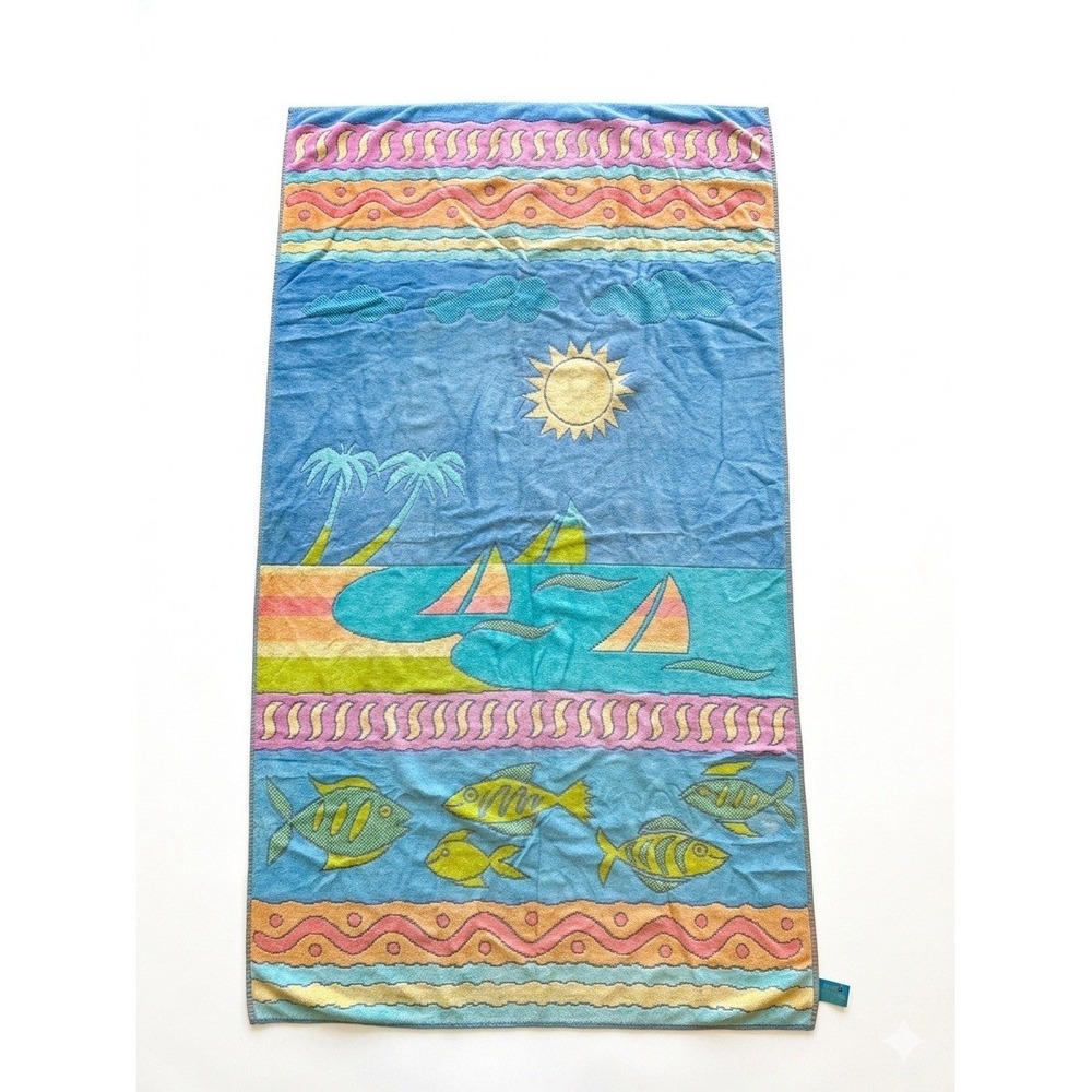 Vintage TerriSol Towel Multicolor Sz65x36 Fish Sun Blue Green 100%Cotton Brazil